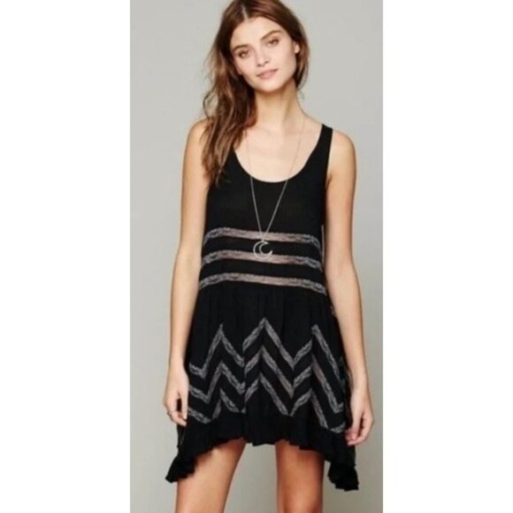 Free People Black Gray Tiered Ruffle Hem Voile & Lace Tiny Dots Mini Dress Tunic - Picture 10 of 16